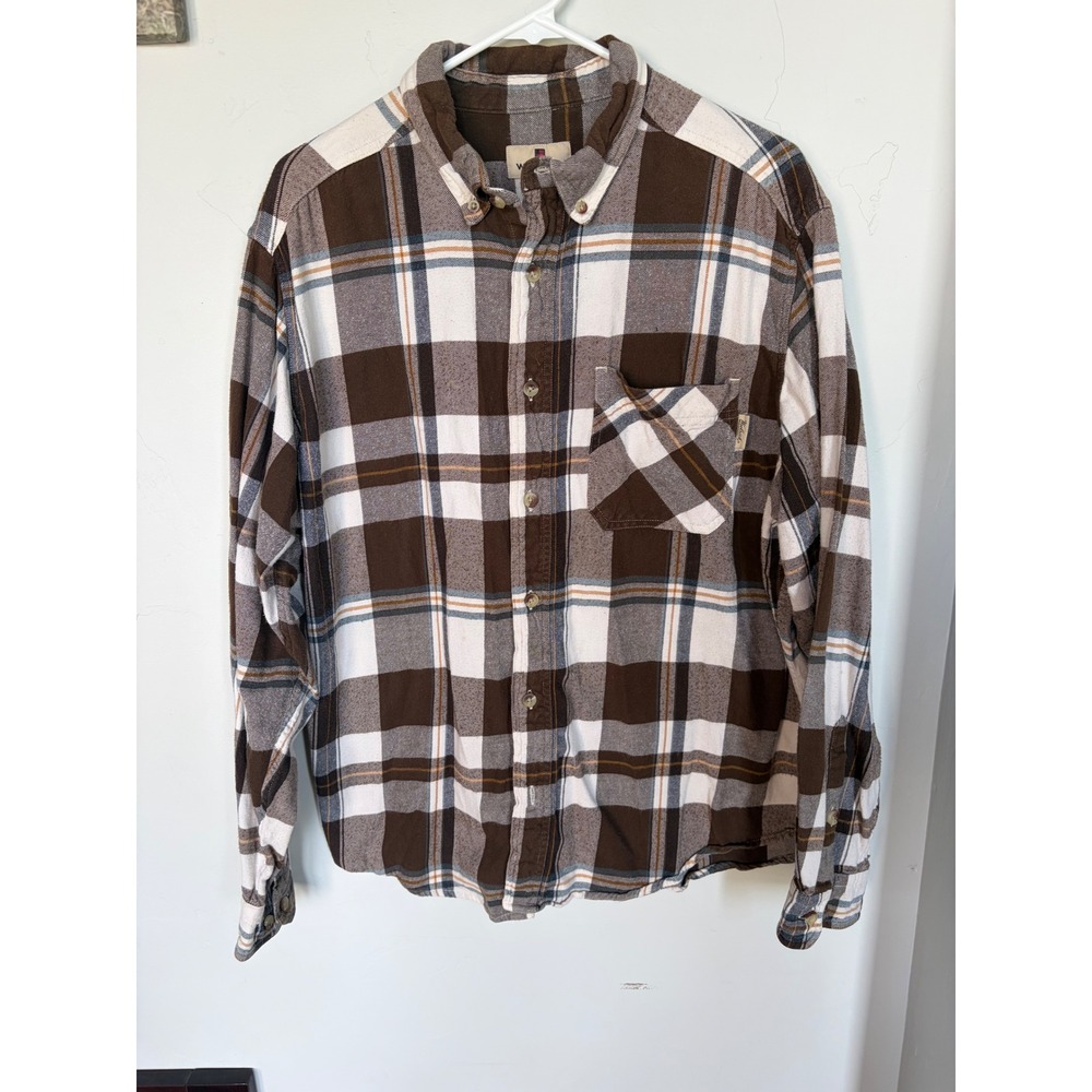 Woolrich‎ Mens Plaid Flannel Button Down Shirt Brown White Cotton Large BPL